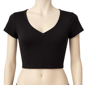 OFFLINE by Aerie Black V Neck Cropped T Shirt Top Short Sleeve Athleisure XS